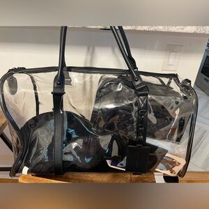 Max studioTransparent large Black duffle Bag, toiletry, passport, glasses pillow